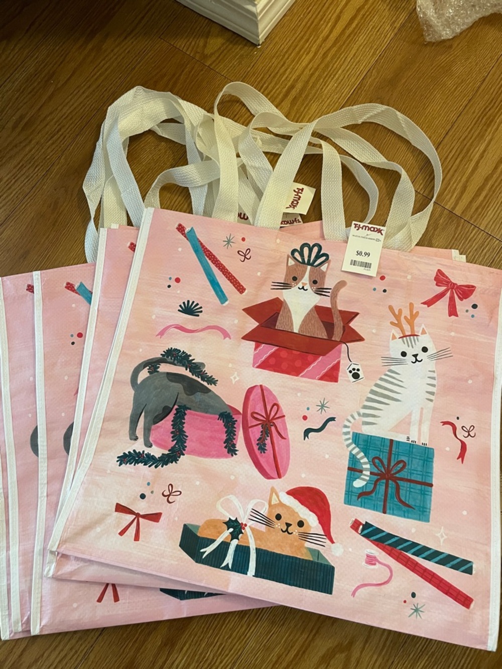 T.J.Maxx Pink Holiday Cats Reusable Tote Bags (5 total)
